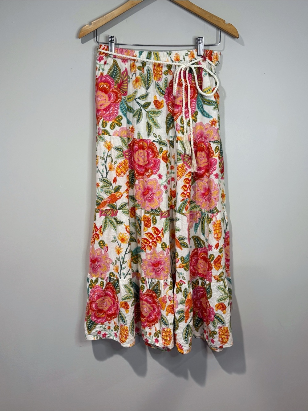 Rachel Zoe Tiered Floral Maxi Skirt Linen Blend Rope Tie Belt Tropical Boho XS